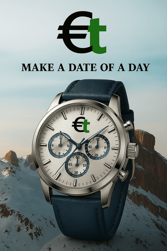 Etalors Signature Chronograph luxury men's watch with silver dial and navy leather strap against mountain backdrop.