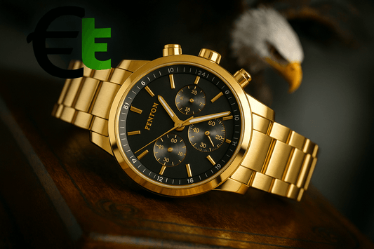 Fenton luxury gold chronograph watch with black dial and multi-function subdials, set on wooden surface.