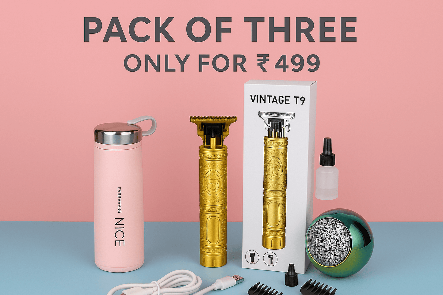 Pack of three grooming tools including Vintage T9 trimmer, thermos, and speaker for ₹499.