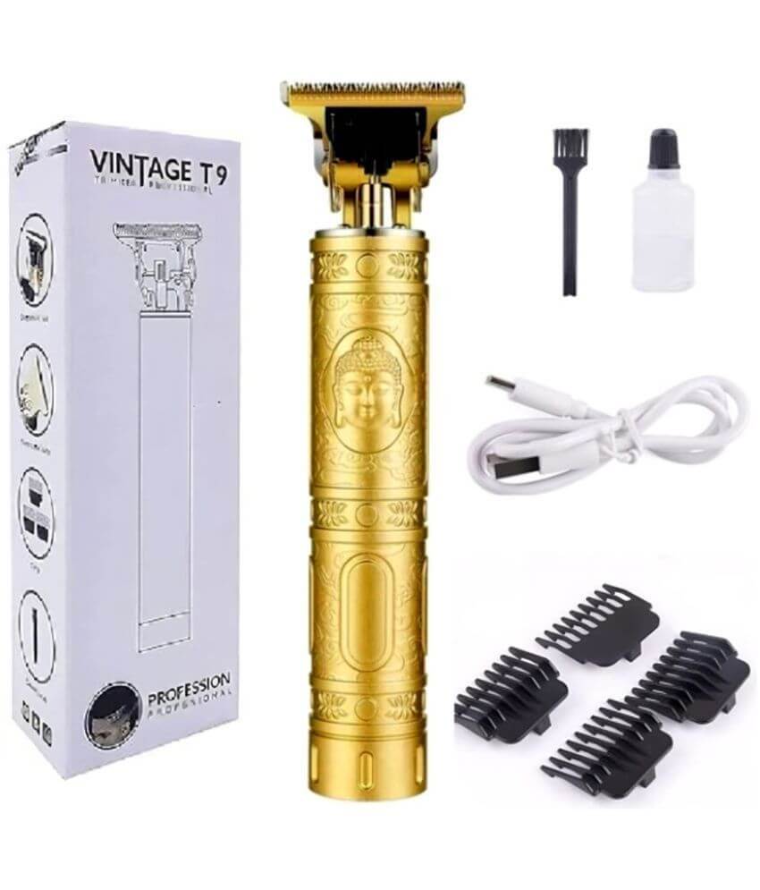Vintage T9 gold trimmer with accessories, box, and guard attachments for sharp grooming and precision styling.