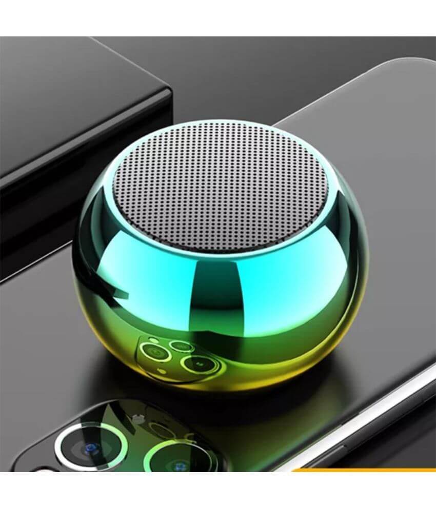 Compact Bluetooth speaker with a sleek design, resting on a smartphone, showcasing vibrant colors.