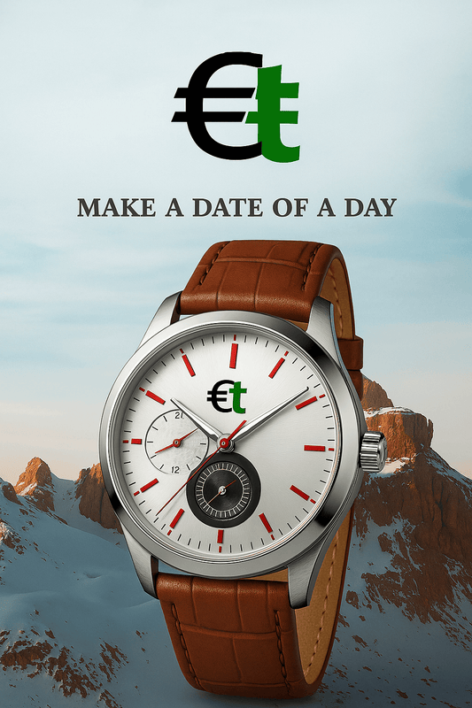 Luxury watch with brown leather strap and white dial, set against a mountainous backdrop.